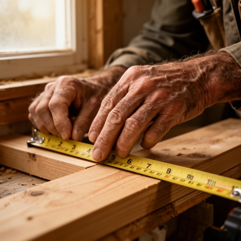 Contractor measuring a wood plank