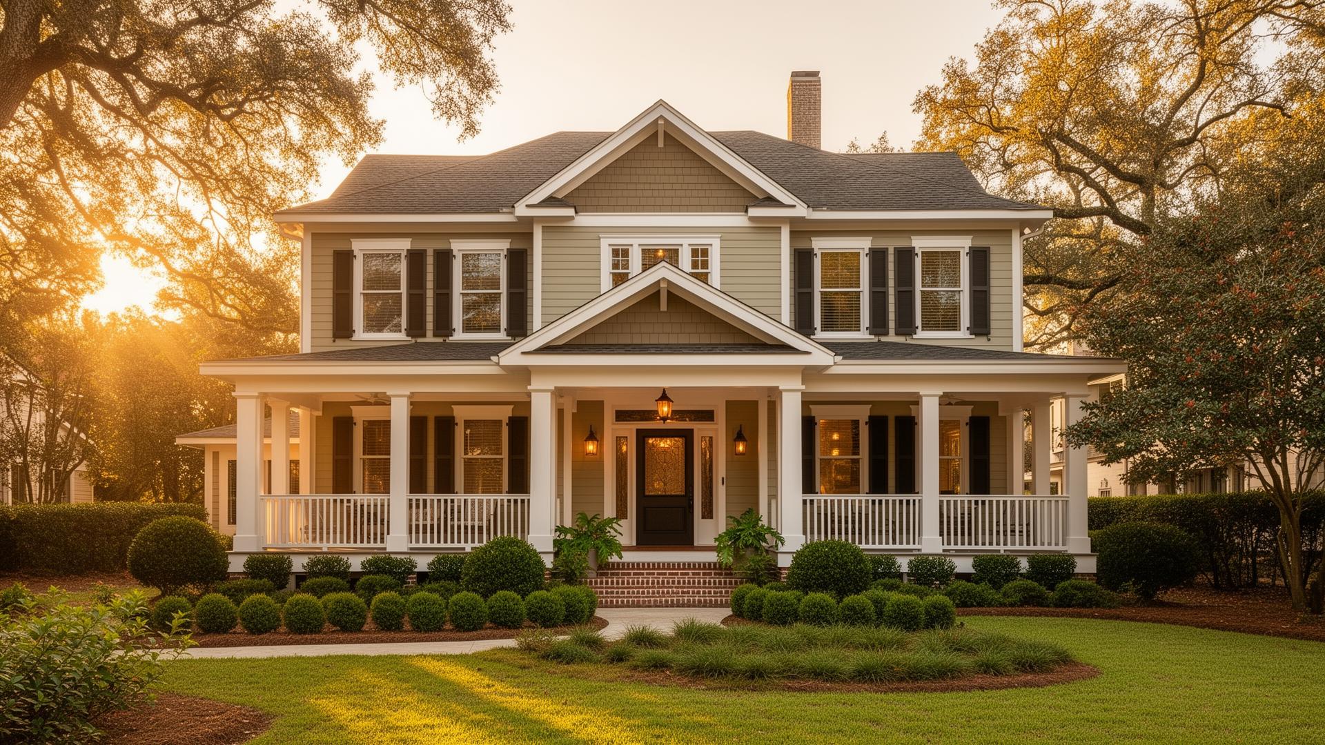 Restored craftsman home with wraparound porch at golden hour